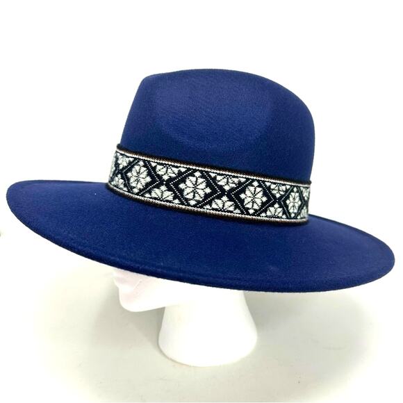 Fadivo Felted Style Fedora Buckaroo Navy Blue Hat - Southwestern Hat Band - Picture 1 of 8